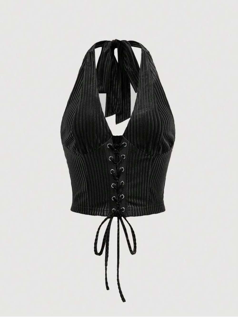SHEIN Black Ribbed Halter Lace-Up Crop Camisole